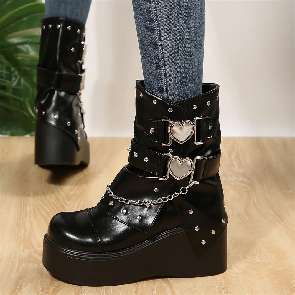 Chaussures Mary Jane Punk à Talons Noires Cœur