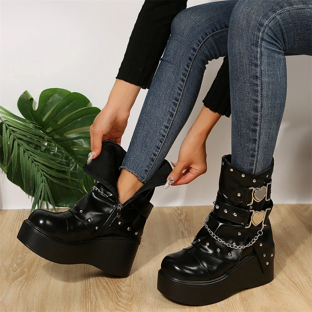 Chaussures Mary Jane Punk à Talons Noires Cœur - Image 2