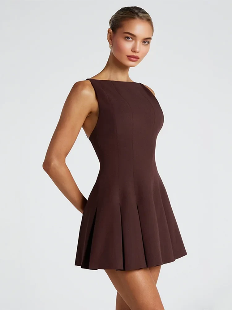 Robe Courte Vintage Marron à Plis Évasés - Image 5