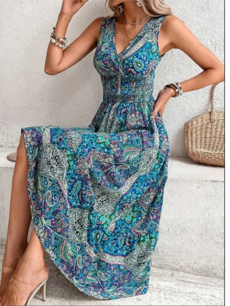 Robe Longue Bohème Imprimée Bleu Évasée