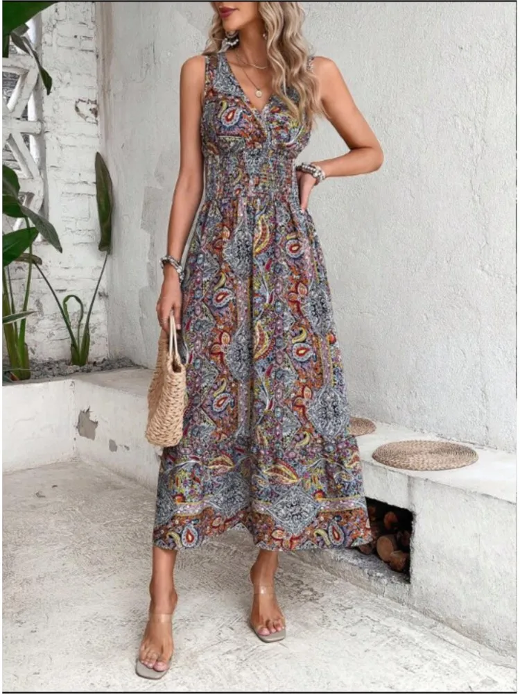 Robe Longue Bohème Imprimée Bleu Évasée - Image 2
