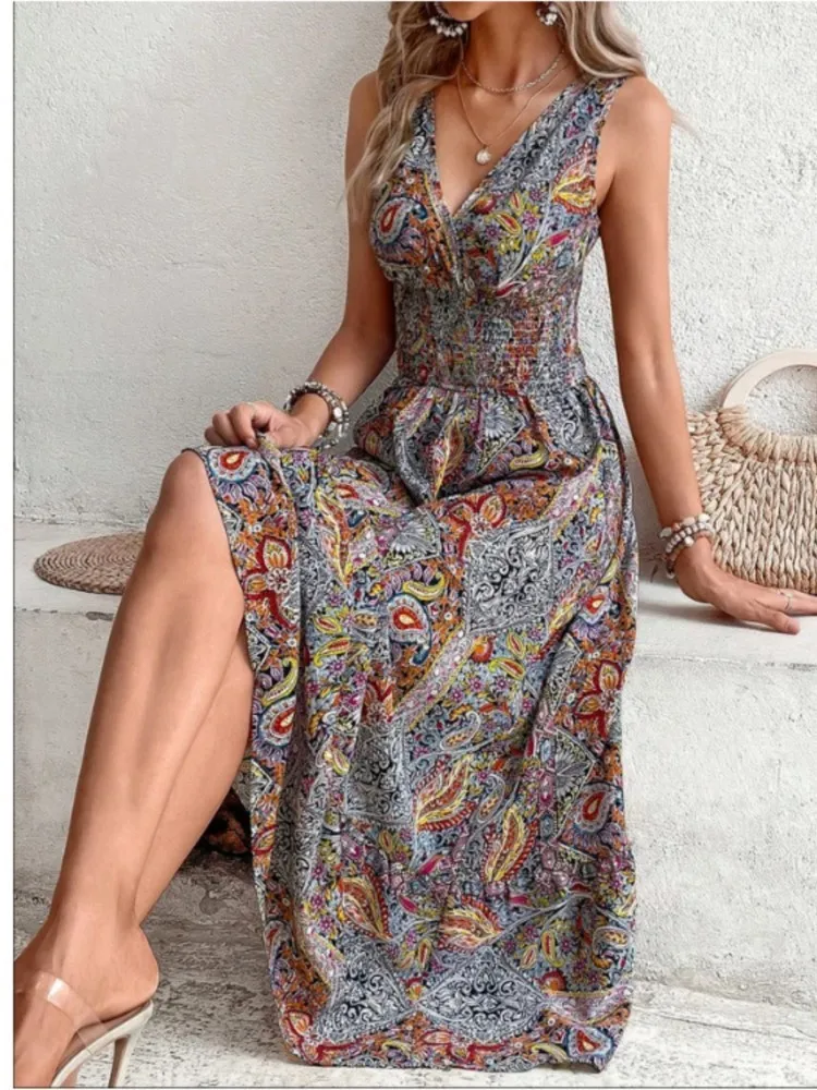 Robe Longue Bohème Imprimée Bleu Évasée - Image 3