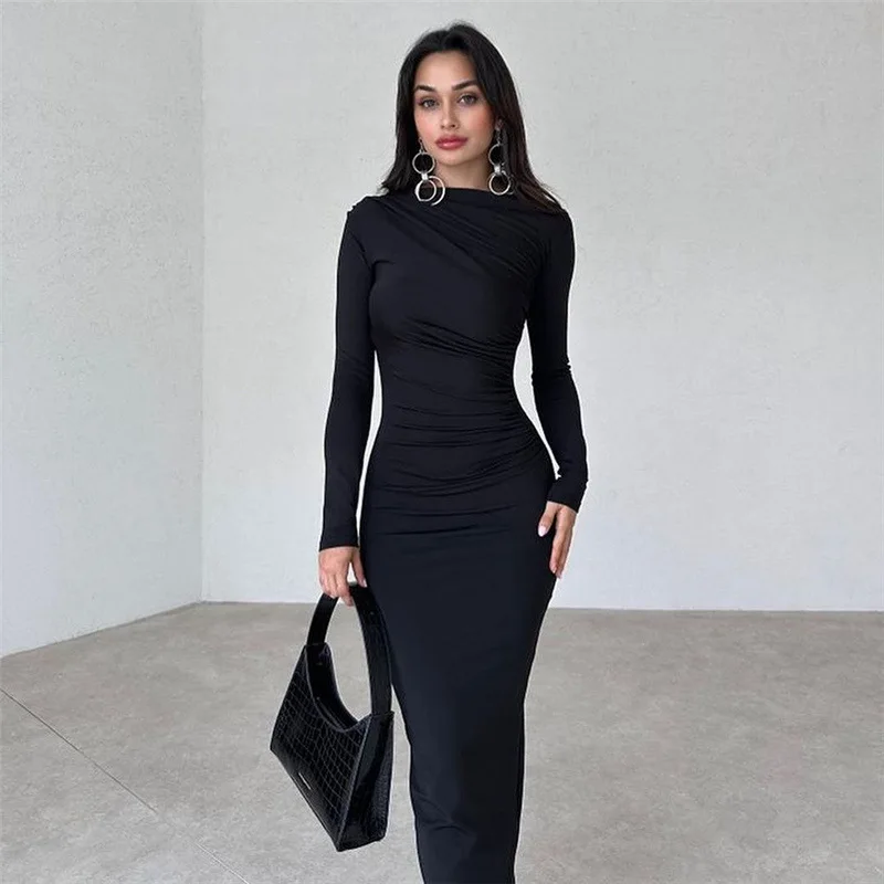 Robe Longue Froncée Manches Longues