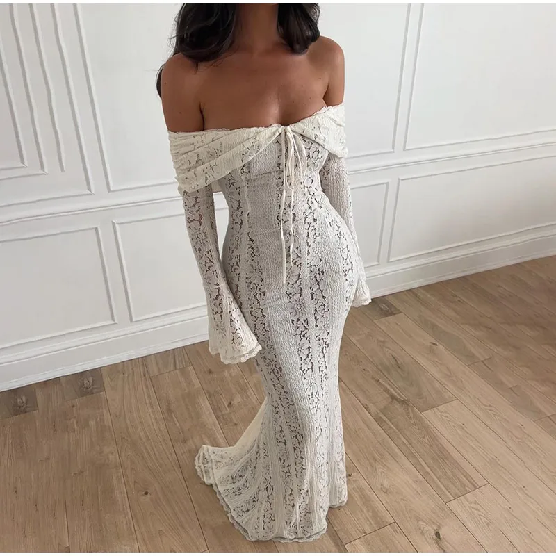 Robe Maxi en Dentelle Épaules Dénudées - Image 2